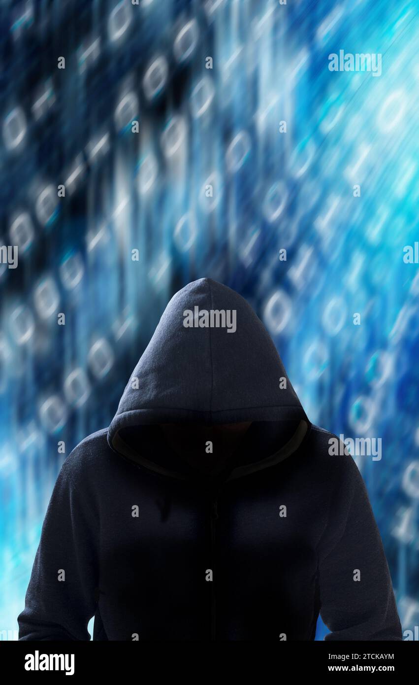 Geheimnisvoller Hacker, Ransomware, Phishing und DoD-Angriffskonzept Stockfoto