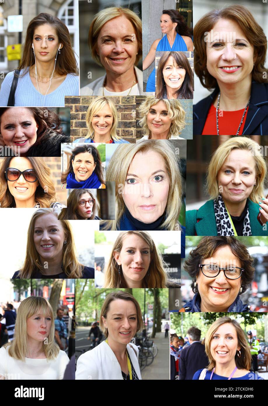 Journalisten, politische Journalisten, Rundfunkanstalten, Fernseh- und Radiomoderatoren, Schriftsteller, Kolumnisten und Entertainer. Oben links nach rechts Bianca Noblio CNN. Mariella Frostrup. Andrea Mclean. Davina McCall. Jo Coburn. Coleen Nolan. Jo Whiley. Anthea Turner. Susanna Reid. Kirsty Alsop. Georgina Wright. Mary Nightingale. Daisy McAndrew. Sarah - Jane Mee. Katy Balls. Yasmin Alibhai - Braun. Sophy Ridge. Laura Kuenssberg. Victoria Young. Journalistinnen. Stockfoto