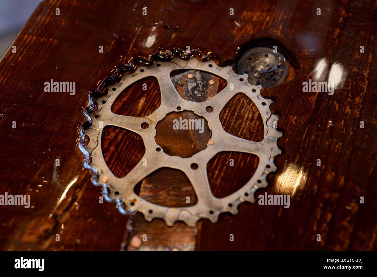 Nahaufnahme eines alten Radkettenringrads. Stockfoto