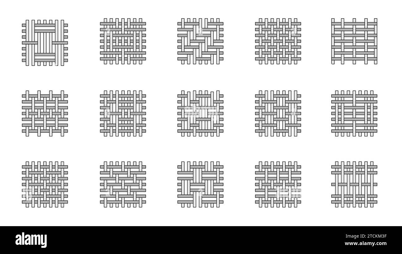 Stricktypen. Weben von Strickstoff, Handarbeit Textil mit Garn, Wollstoff und Garn, Schneiderstrick. Vektor-isolierter Satz Stock Vektor