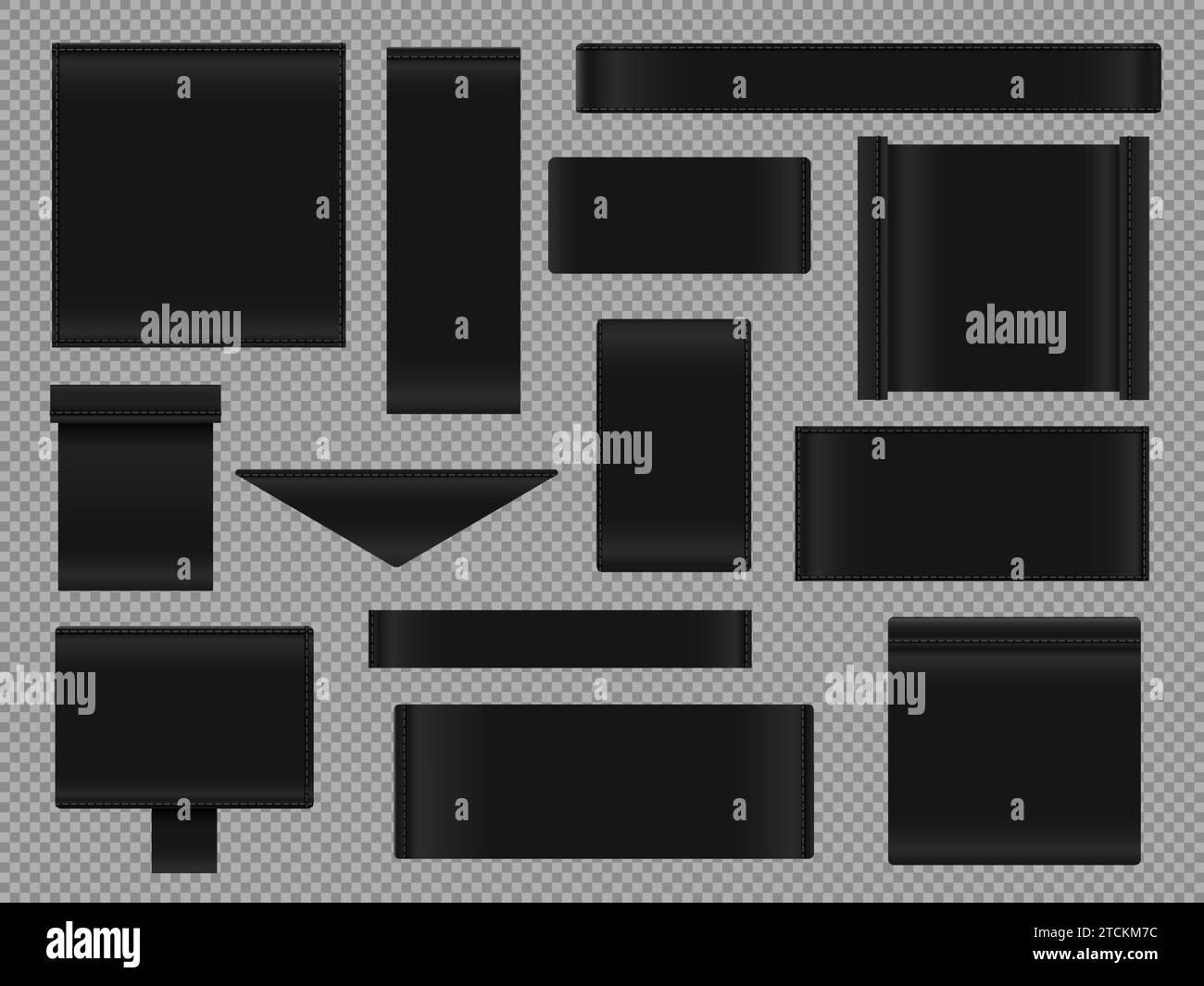 Schwarze Stoffetiketten. Realistische horizontale Etiketten mit Faden- und Nähsymbolen, leere Textil-Embleme für Bekleidungsdesign. Vektorsatz Stock Vektor