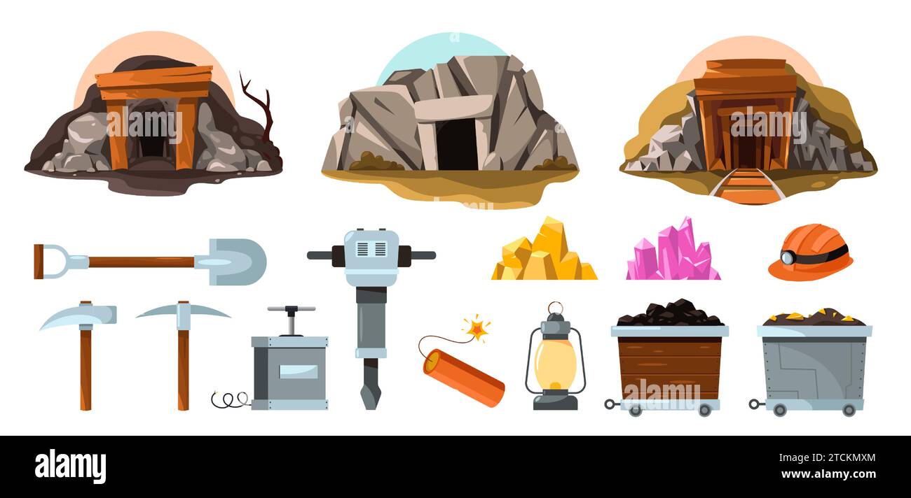 Bergbauwerkzeuge. Werkzeugen für Cartoon Bergleute, Bergbauwagen mit Bohrhammer-Meißel, unterirdischer Wagen mit Bergbauausrüstung in flacher Ausführung. Vektor-isolierter Satz Stock Vektor
