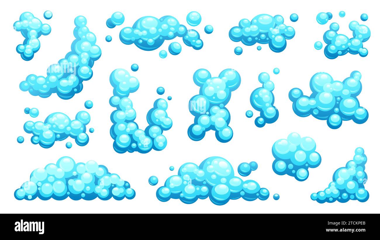 Cartoon-Seifenschaum. Seifenblasen, feuchter Schaum und Shampoo-Ball, Duschdampf-Effekt. Blasen und Schaum. Vektor-isolierter Satz Stock Vektor