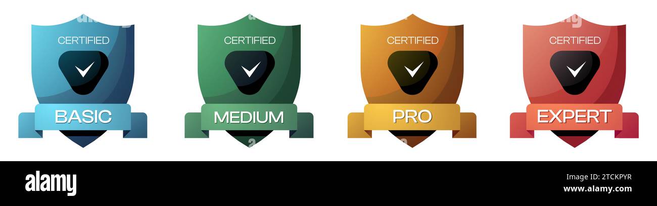 Zertifiziertes Schild. Akkreditiertes Siegeldiplom für Sicherheitsschutz, Preis für beste Leistung für Hacking-Kurs. Vektorzertifikatsatz Stock Vektor