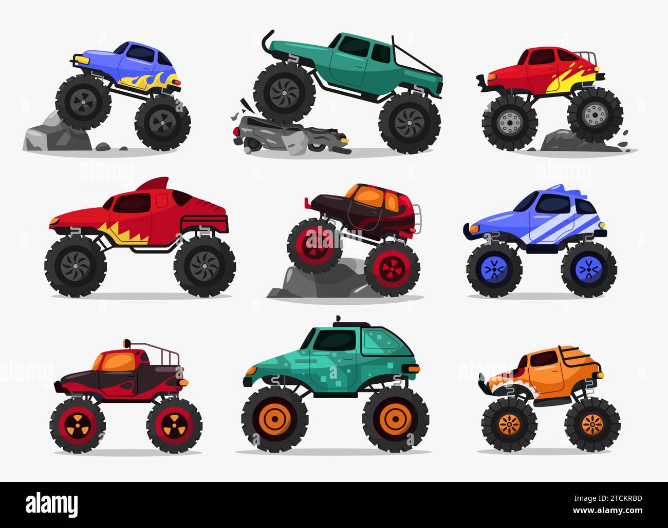 Cartoon Monster Truck. Geländefahrzeug mit Dieselmotor und Schlammreifen, Muscle Car mit Platten Reifen und Federung. Vektor isoliert Stock Vektor
