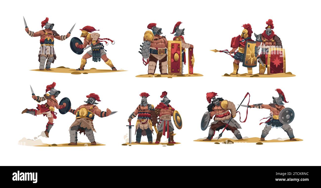 Alte kämpfende Krieger. Zeichentrickfilm antike römische Soldatenfiguren mit Rüstung und Waffen, flache historische Barbarenfiguren kämpfen. Vektorsatz Stock Vektor