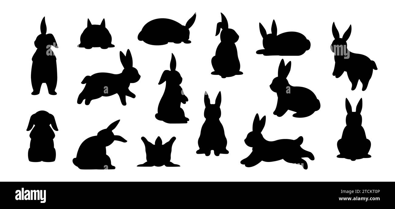 Kaninchen-Silhouette. Niedliche Haushase-Zeichnung, schwarze Symbole von Häschen in verschiedenen Posen. Vector Flat Doodle Kollektion Stock Vektor