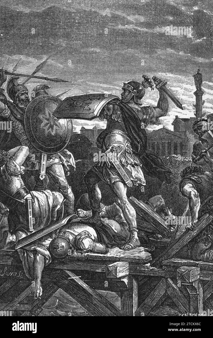 Horatius Cocles, ein mythologischer Held, dem erzählt wurde, er hätte allein eine Brücke gegen die Etrusker verteidigt. Kupferstich aus „Storia-d'Italia“ di Luigi-Stefanoni Stockfoto