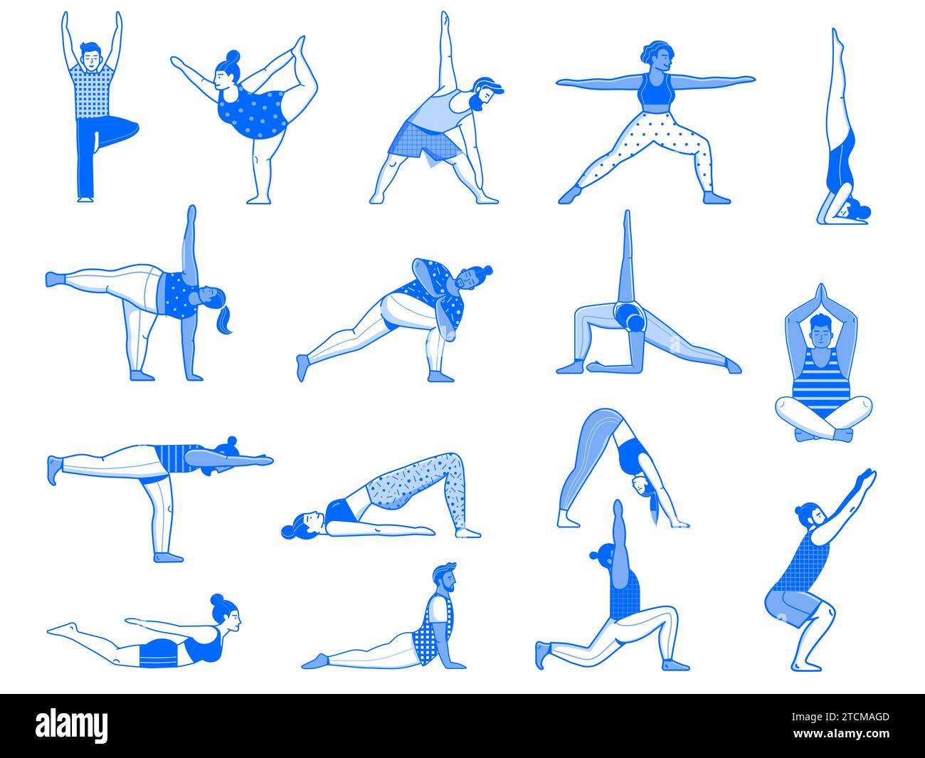 Leute, Die Gewöhnliche Yoga-Posen Machen, Line Art Set Stock Vektor