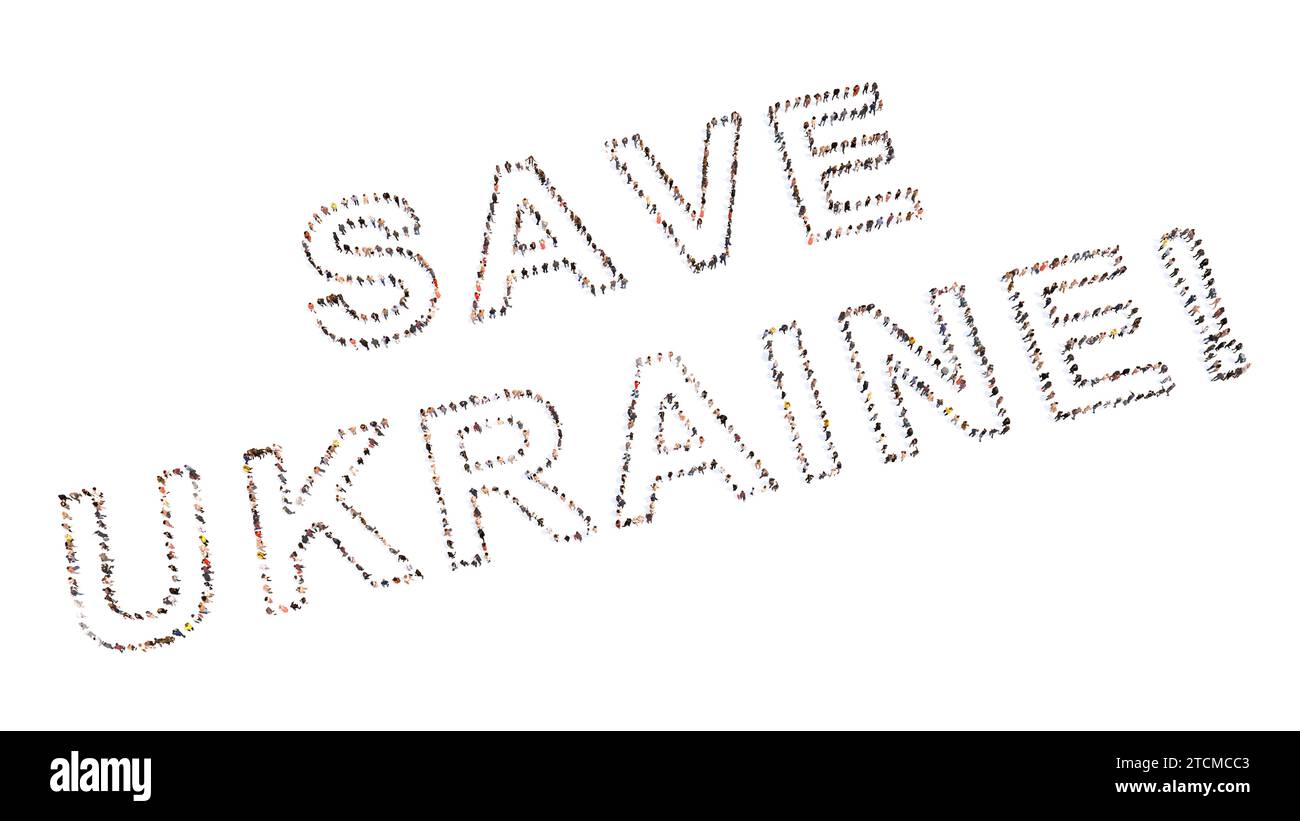 Konzept konzeptionelle große Gemeinschaft von Menschen, die SAVE UKRAINE Botschaft bilden. 3D Illustration Metapher für Hilfe, Hilfe, Militär und Wirtschaft Stockfoto