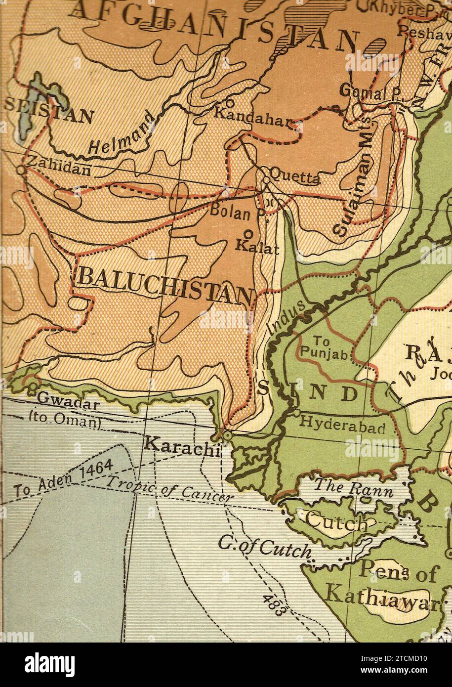 Alte geographische Karte in Sepia mit Karachi, Indien. Stockfoto