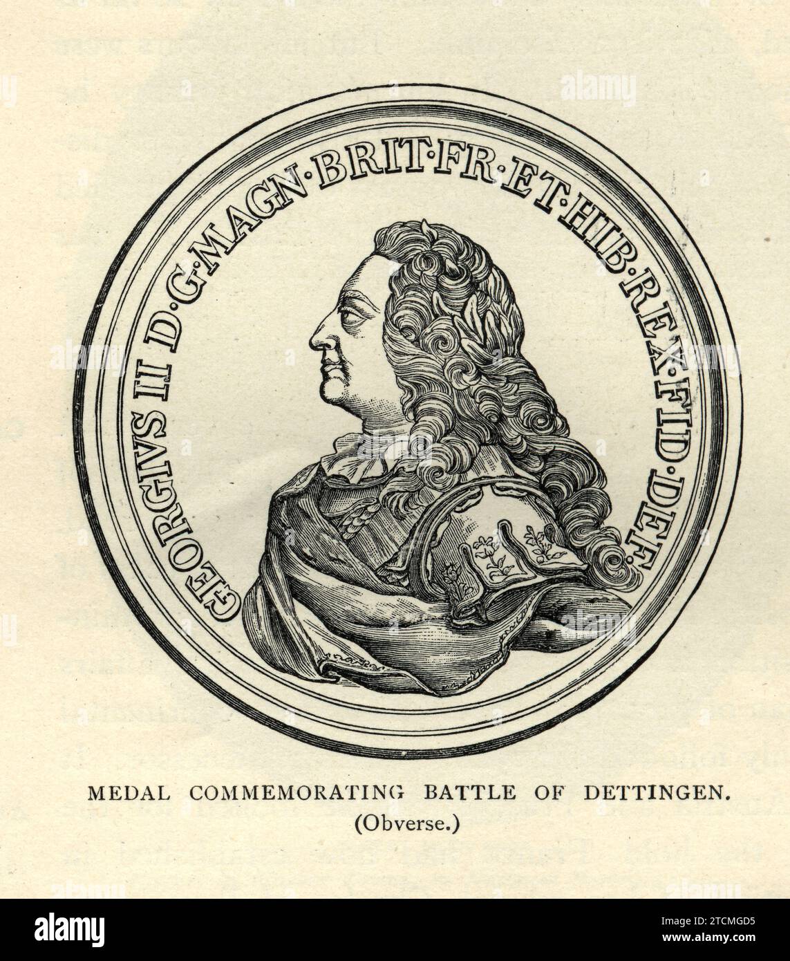 Georg II., Medaille zum Gedenken an die Schlacht bei Dettingen am 27. Juni 1743 im Österreichischen Erbfolgekrieg, Vintage-Illustration Stockfoto