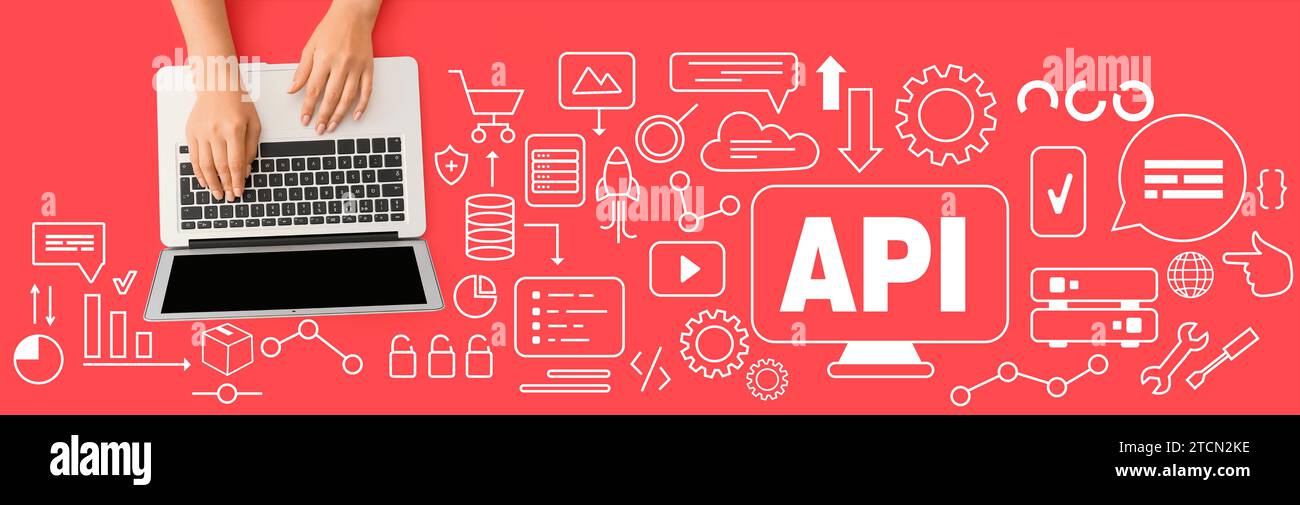 Weibliche Hände mit Laptop und virtuellem Bildschirm mit Abkürzungs-API auf rotem Hintergrund Stockfoto
