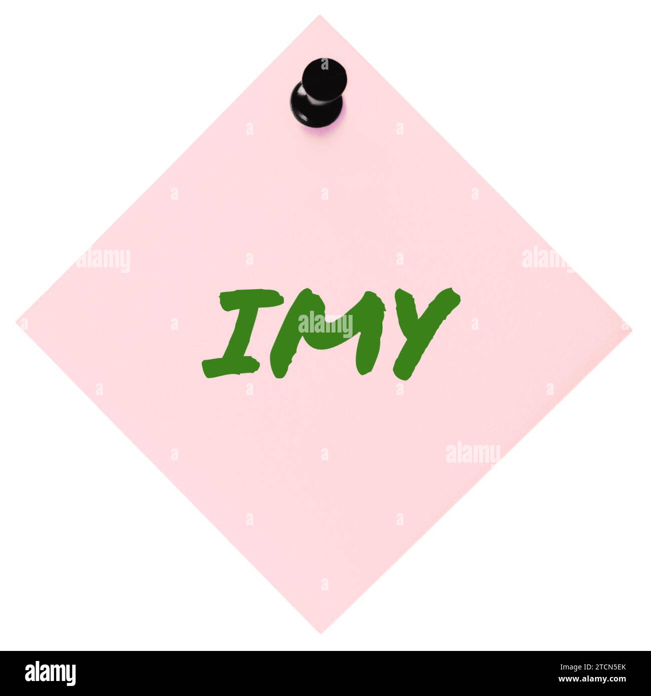 Ich vermisse dich, Textnachricht-Akronym IMY, sehnsüchtiger Verlangens-Textjargon-Textbegriff, grüner Stift-Romantik-Schwarm-Slang-Nachricht-Metapher, isolierte rosa Notiz Stockfoto