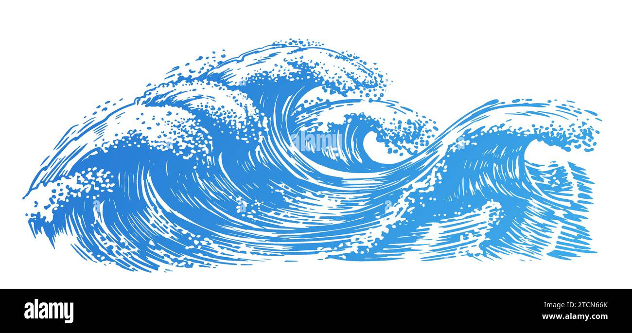 Ozean und Meereswellen, Skizze. Surfwelle, handgezeichnete Vektorillustration Stock Vektor