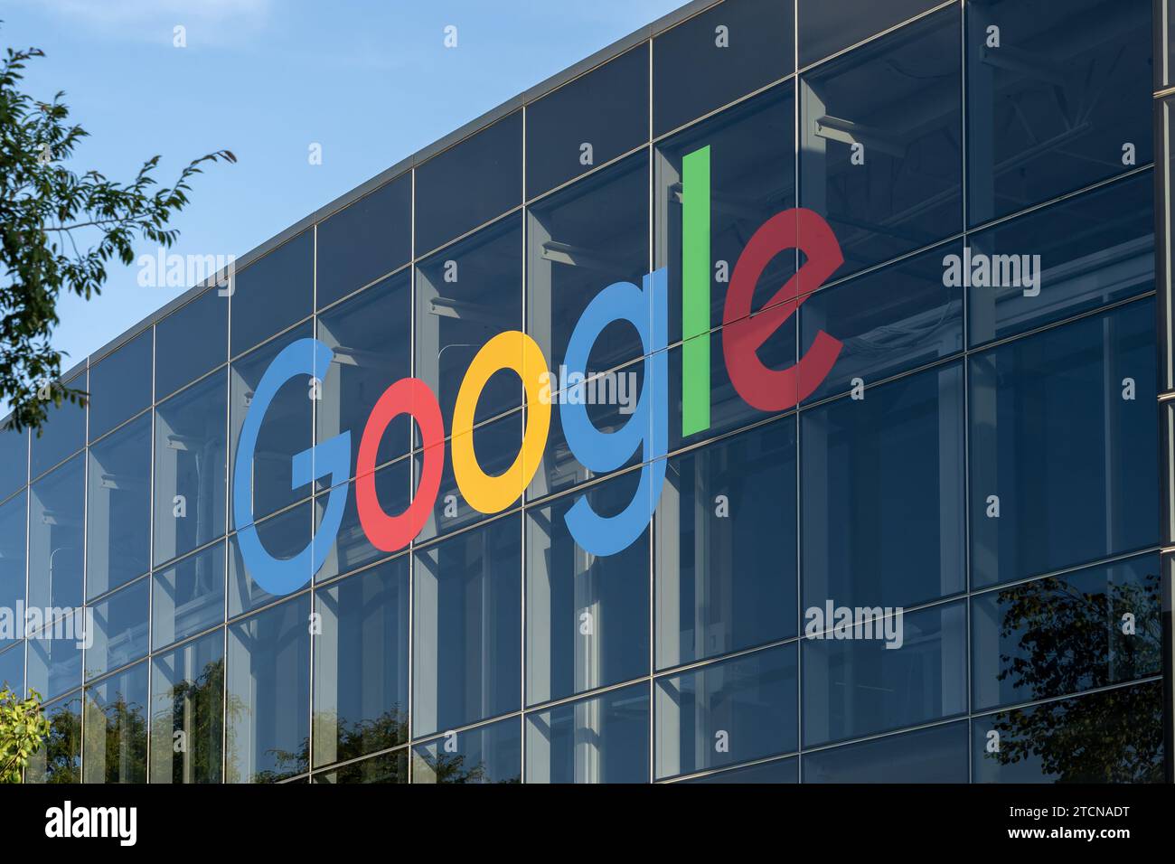 Nahaufnahme des Google-Logozeichens am Gebäude in Mountain View, Kalifornien, USA Stockfoto
