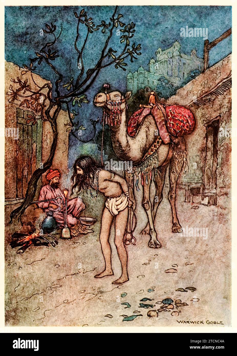 „Der Kamelführer stieg aus, Band das Kamel an der Stelle an einen Baum und fing an zu rauchen“ aus „Volksmärchen von Bengalen“ von Lal Behari Day (1824-1882), Illustration von Warwick Goble (1862-1972). Foto aus einer Ausgabe von 1912. Kredit: Privatsammlung / AF Fotografie Stockfoto