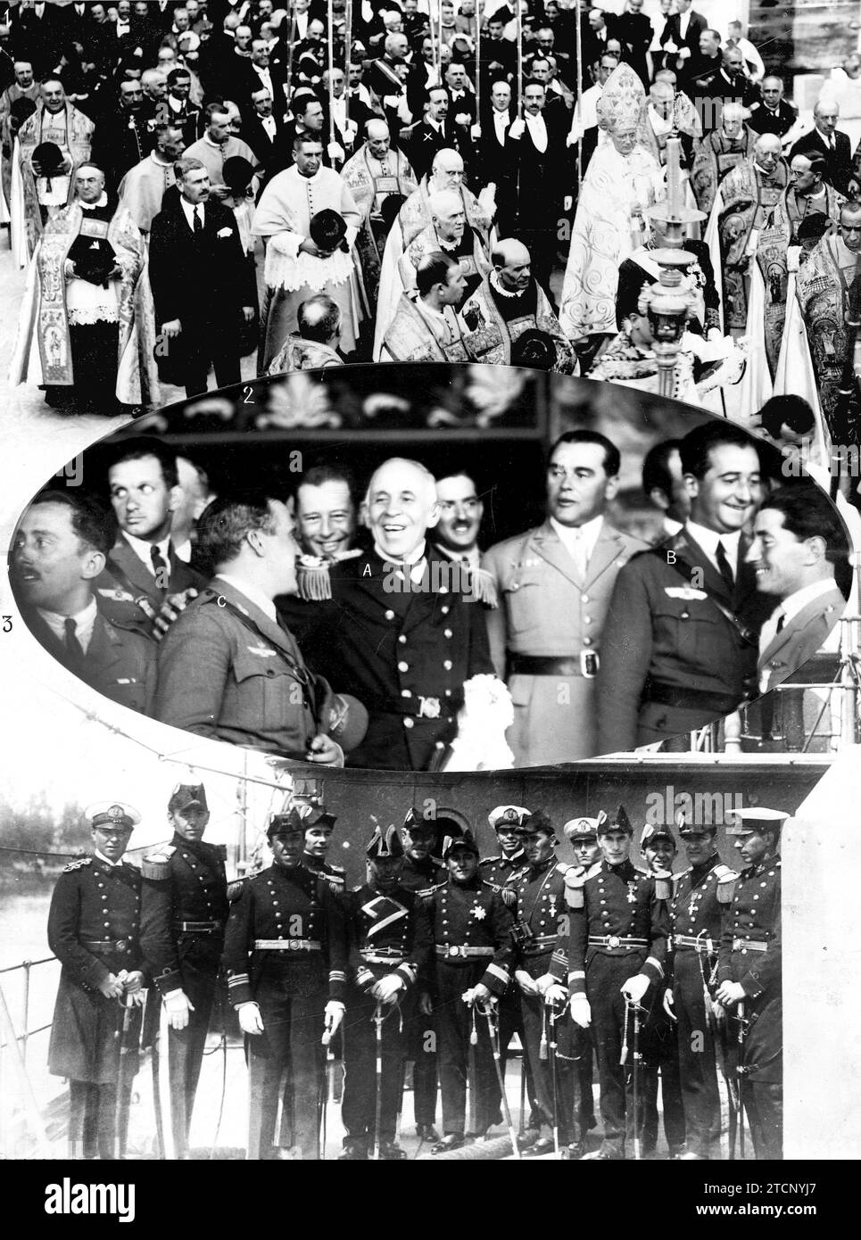 04/01/1926. Sevilla. Die Ankunft der Crew der „Plus Ultra“. 1. Der König (X), nach dem Tedeum, dem er mit den Piloten beiwohnte. 2. Admiral Gago Coutinho (A) und andere portugiesische Flugzeuge im Gespräch mit Franco (B) und Ruiz de Alda (C). 3. Beamte der argentinischen Kreuzfahrt "Buenos Aires", auf der die spanischen Luftfahrer zurückkehrten. (Fotos: Duque und Olmedo). Quelle: Album / Archivo ABC / Julio Duque Stockfoto