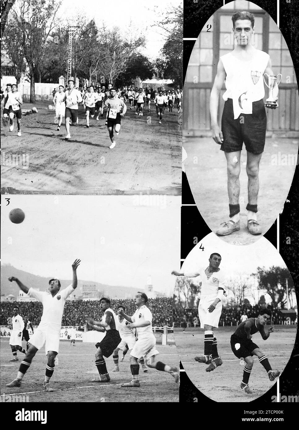 02/28/1926. Fußrennen und Fußballmeisterschaft. 1.- Sevilla. Die Läufer in der Veranstaltung organisiert von der Atlética Sevillana Gesellschaft. Der Gewinner, Mr. Cardenas. 3.- Barcelona. Real Match der spanische Sportverein Valencia FC 4.- Sevilla, ein Spiel im Spiel Sevilla-Murcia, gewonnen durch den ersten. Quelle: Album / Archivo ABC / Josep Brangulí,Serrano Stockfoto