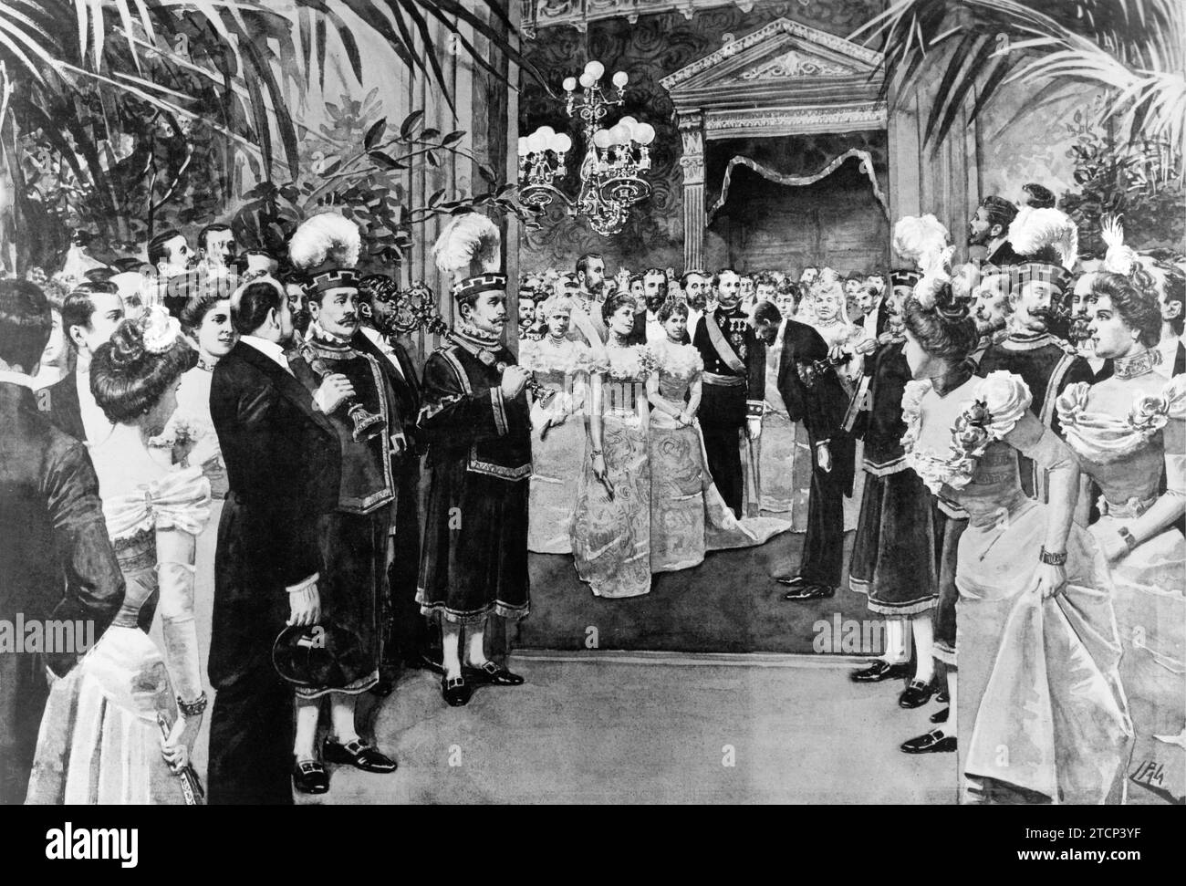 Madrid, 1901. Zeichnung von Luis Palao des feierlichen Empfangs im Rathaus der Hauptstadt anlässlich der Hochzeit der Prinzessin von Asturien. Quelle: Album/Archivo ABC Stockfoto