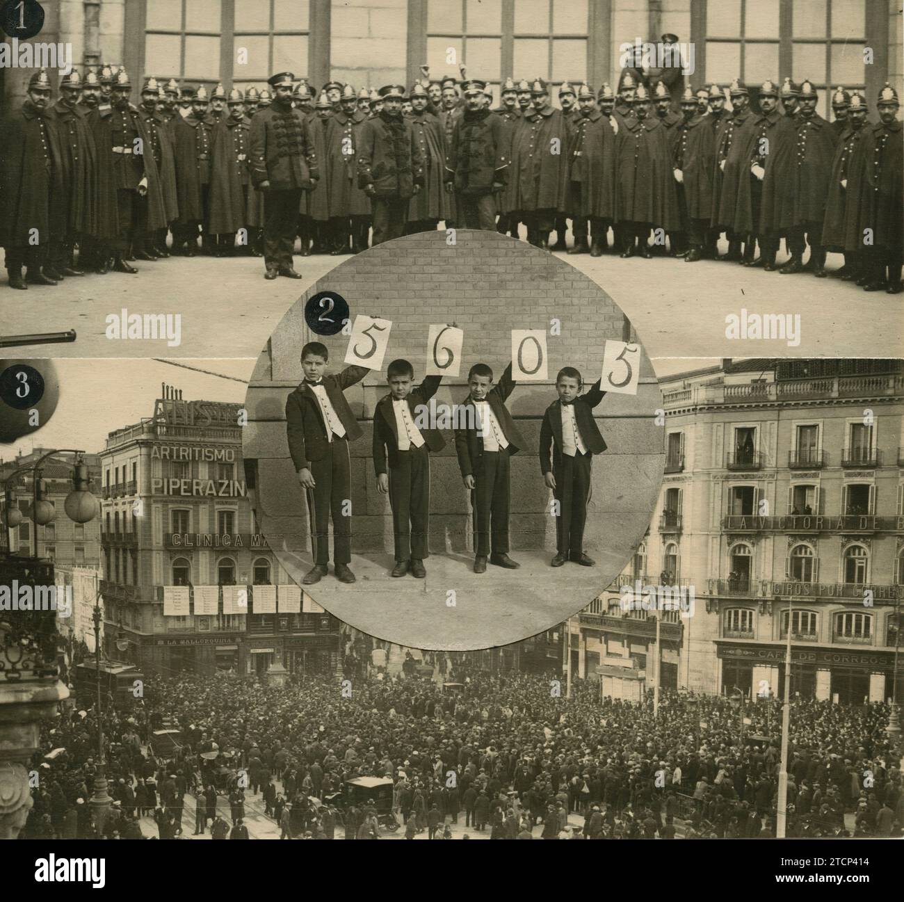 12/21/1918. Bilder von der Weihnachtslotterie. 1. Offiziere und Sicherheitsbeamte erhielten einen der Hauptpreise. 2. Die vier Kinder, die die Jackpot-Nummer gezogen und gesungen haben. 3. Ein Auftritt von Puerta del Sol während der Verlosung. Quelle: Album / Archivo ABC / Ramón Alba Stockfoto