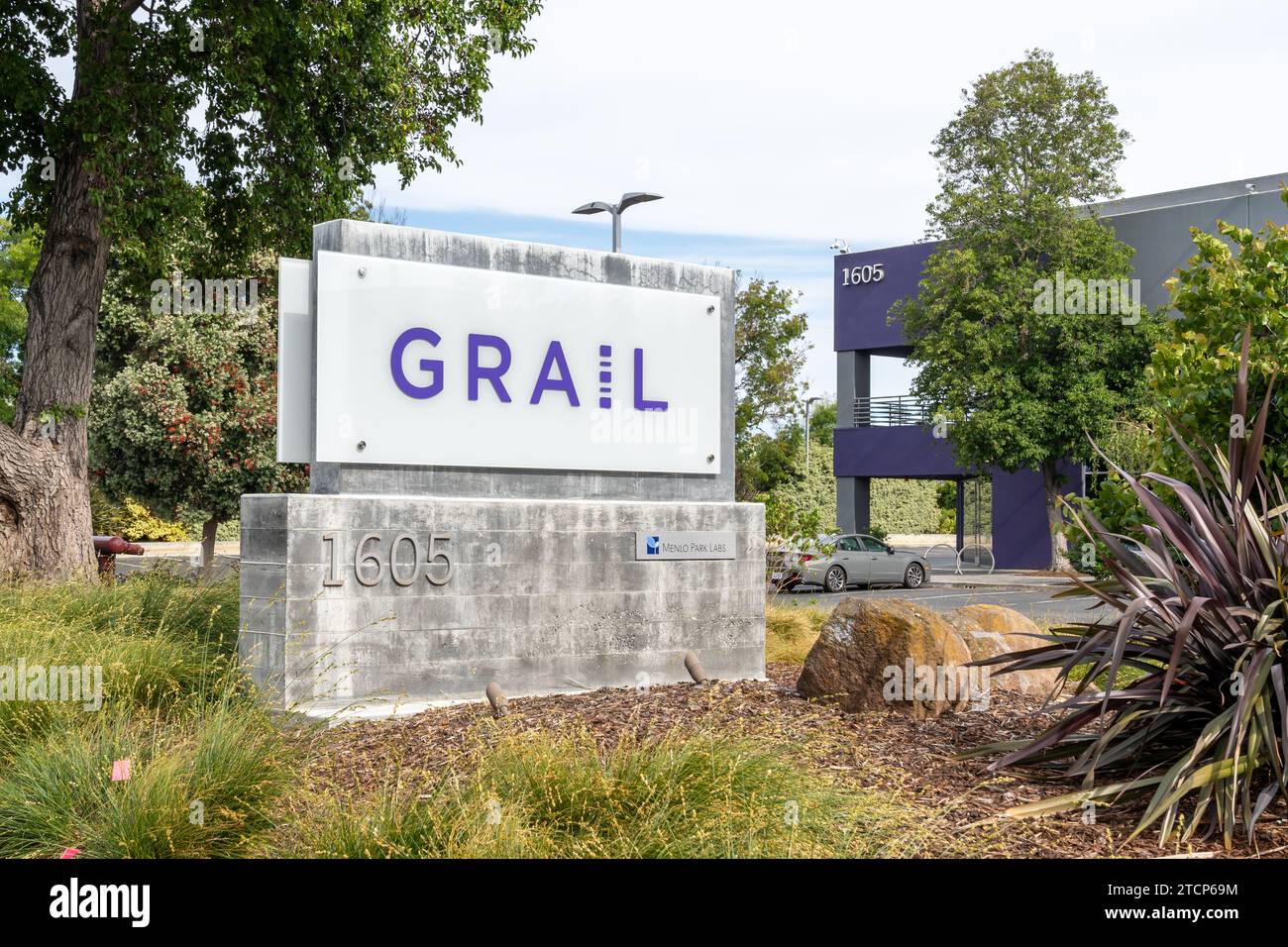 Grail-Schild am Hauptsitz in Menlo Park, Kalifornien, USA Stockfoto