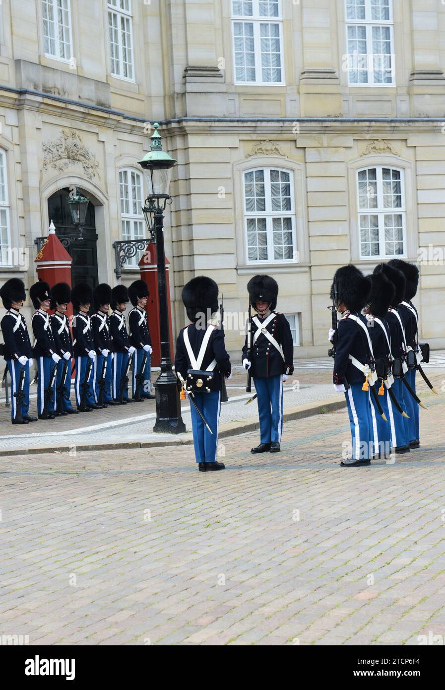 Wechsel der königlichen dänischen Garde im Schloss Amalienborg in Kopenhagen, Dänemark. Stockfoto