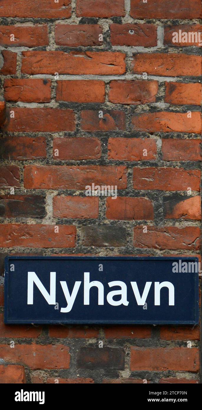 Straßenschild Nyhavn. Kopenhagen, Dänemark. Stockfoto