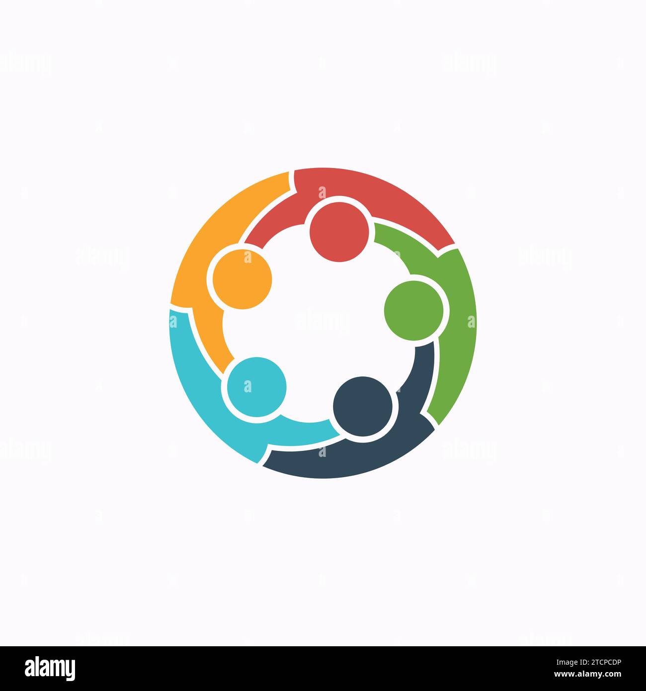 Community Unity Logo – fünf farbenfrohe Figuren in einer kreisförmigen Familie symbolisieren das Zusammensein und die Teamunterstützung Stock Vektor