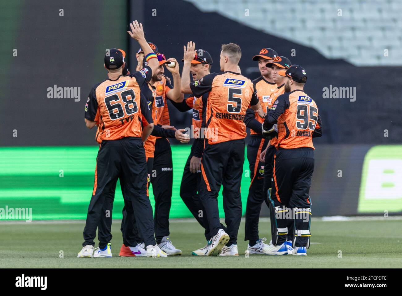 Melbourne, Australien. Dezember 2023. Perth Scorchers Spieler feiern den Fall eines Wickets während des KFC Big Bash League (BBL13) T20 Spiels zwischen Melbourne Stars und Perth Scorchers auf dem Melbourne Cricket Ground. Quelle: Santanu Banik/Alamy Live News Stockfoto