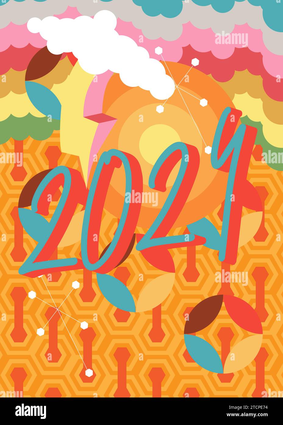 Retro 70s Hintergrund mit der Nummer 2024. Groovige Kunstvorlage aus