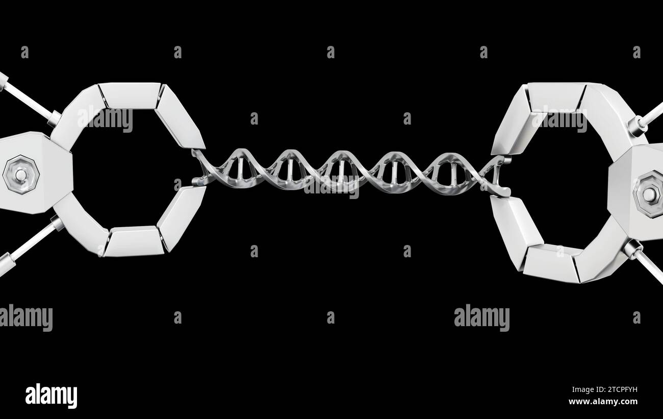 Bei einem 3D-Rendering greifen isolierte Roboterkrallen einen DNA-Strang Stockfoto