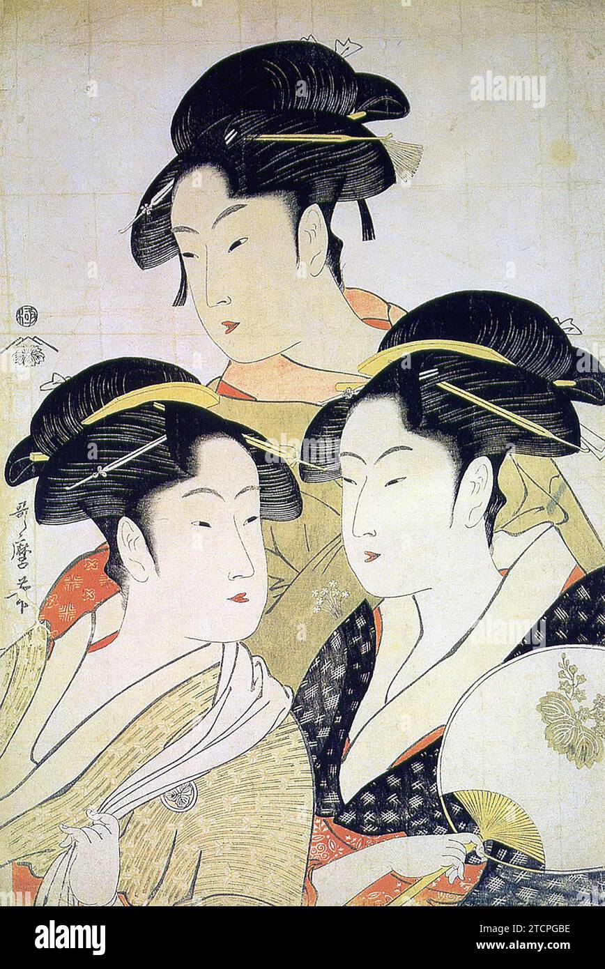 Japan: Die drei Schönheiten O-Hisa, O-Kita und O-Hina. Ukiyo-e Holzschnitt von Kitagawa Utamaro (ca. 1753 - 31. Oktober 1806), 1792. Kitagawa Utamaro war ein japanischer Druckgrafiker und Maler, der als einer der größten Künstler von Holzschnitten (ukiyo-e) gilt. Bekannt ist er vor allem für seine meisterhaft komponierten Studien über Frauen, bekannt als Bijinga. Er schuf auch Naturstudien, insbesondere illustrierte Bücher über Insekten. Stockfoto
