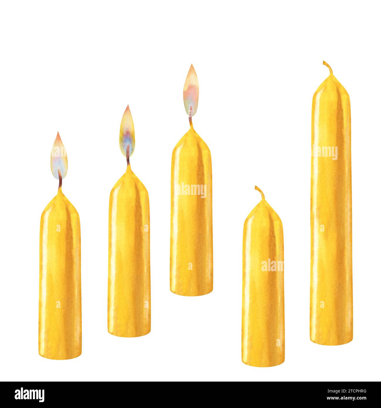 Aquarellgelbe vertikale kurze und lange Kerzen mit Flammen verschiedener Art und ohne Flammen für Weihnachten, Candlemas, Hochzeit, Geburtstag, Easte Stockfoto