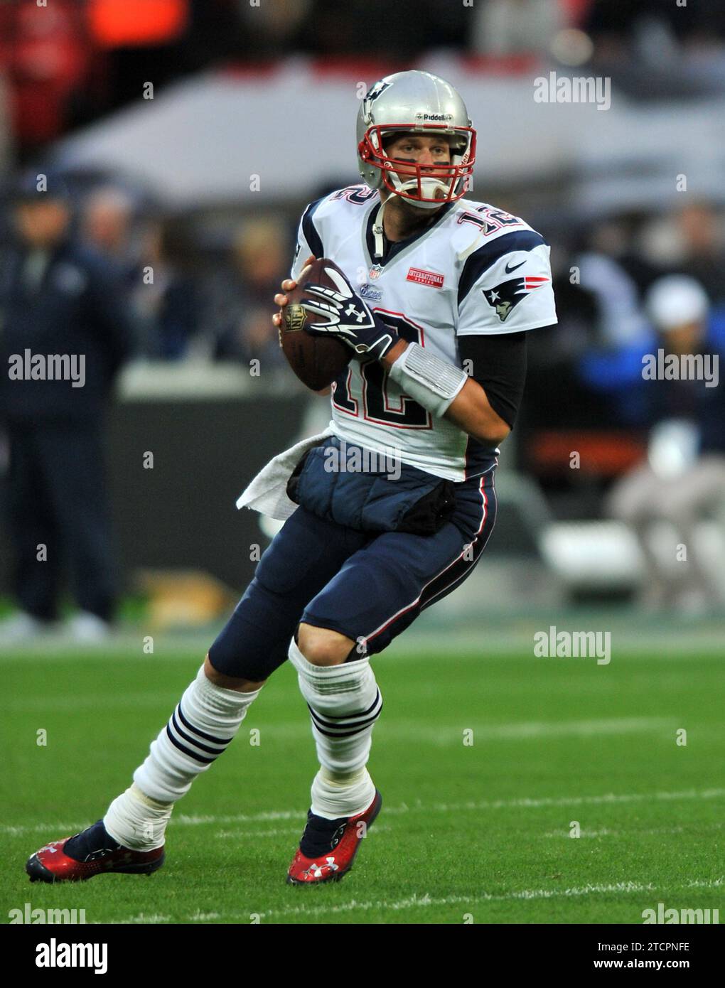 Aktenfoto vom 28.10.2012 von Tom Brady, dem siebenmaligen Super Bowl Champion, der seinen Rücktritt aus der NFL „for Good“ ankündigte. Ausgabedatum: Donnerstag, 14. November 2023. Stockfoto