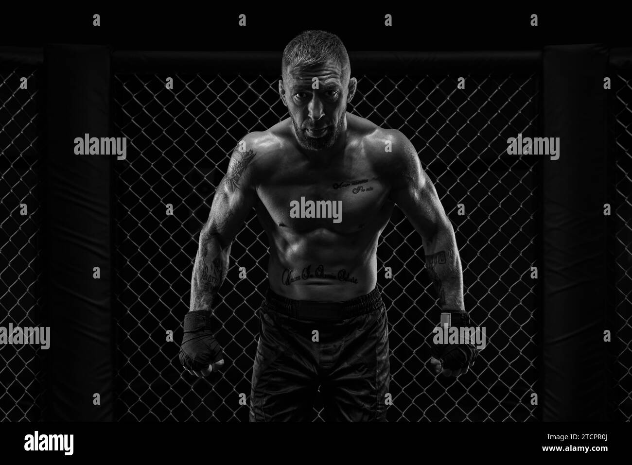 Das dramatische Schwarzweißbild des MMA-Kämpfers. Fotografie in einem echten Achteck. Brutaler Kämpfer. Gemischte Medien Stockfoto