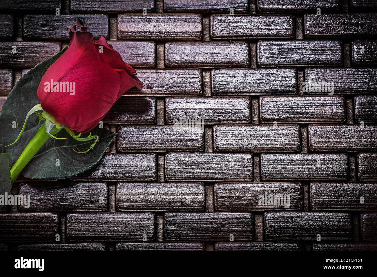 Aromatische rote Rosenknospen auf Weidenholzmatte Holiday Concept Stockfoto