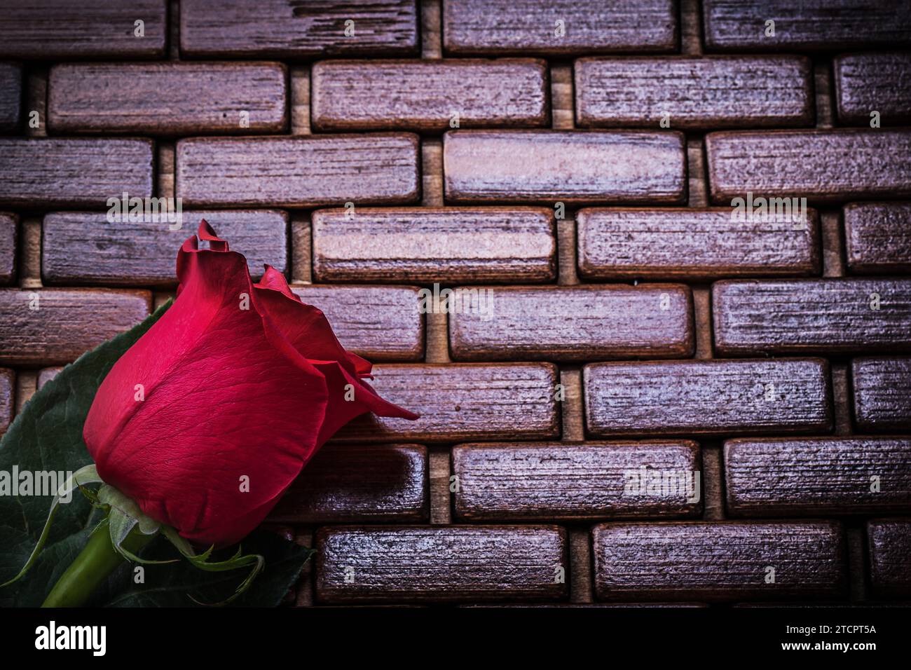 Aromatische rote Rose auf Weidenholzmatte Holiday Concept Stockfoto