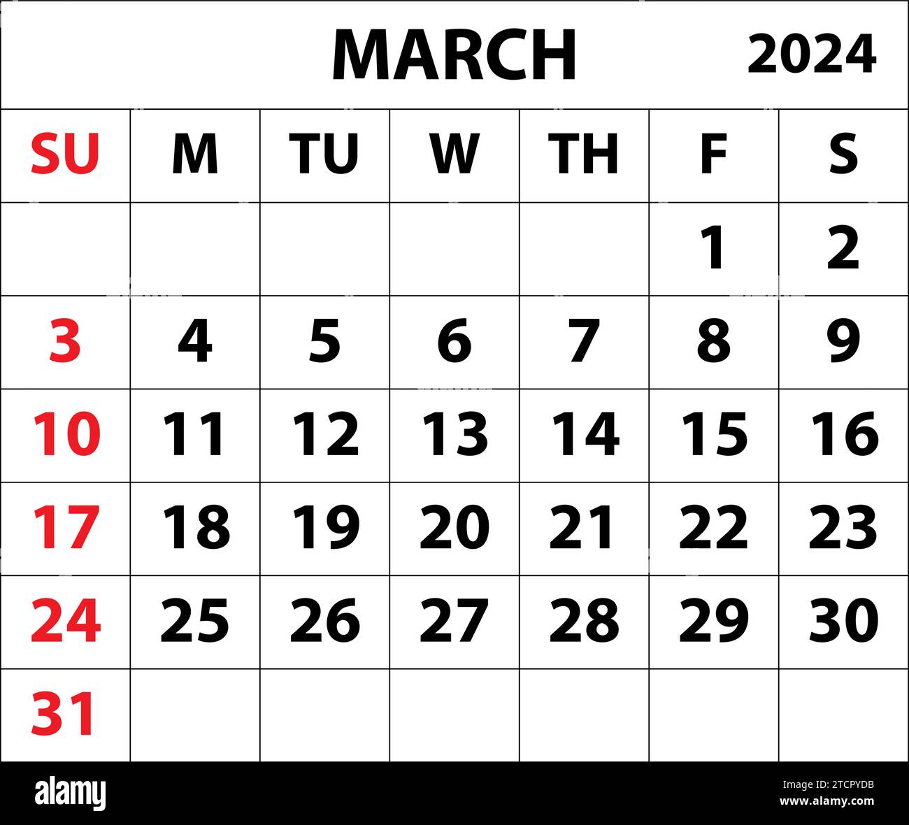 2024 März Monat Kalender Farbe Vektor Illustrator Kalender Design. Einfacher minimaler Kalender. Vektorabbildung. Monatskalender Design 2024. Leben Stock Vektor