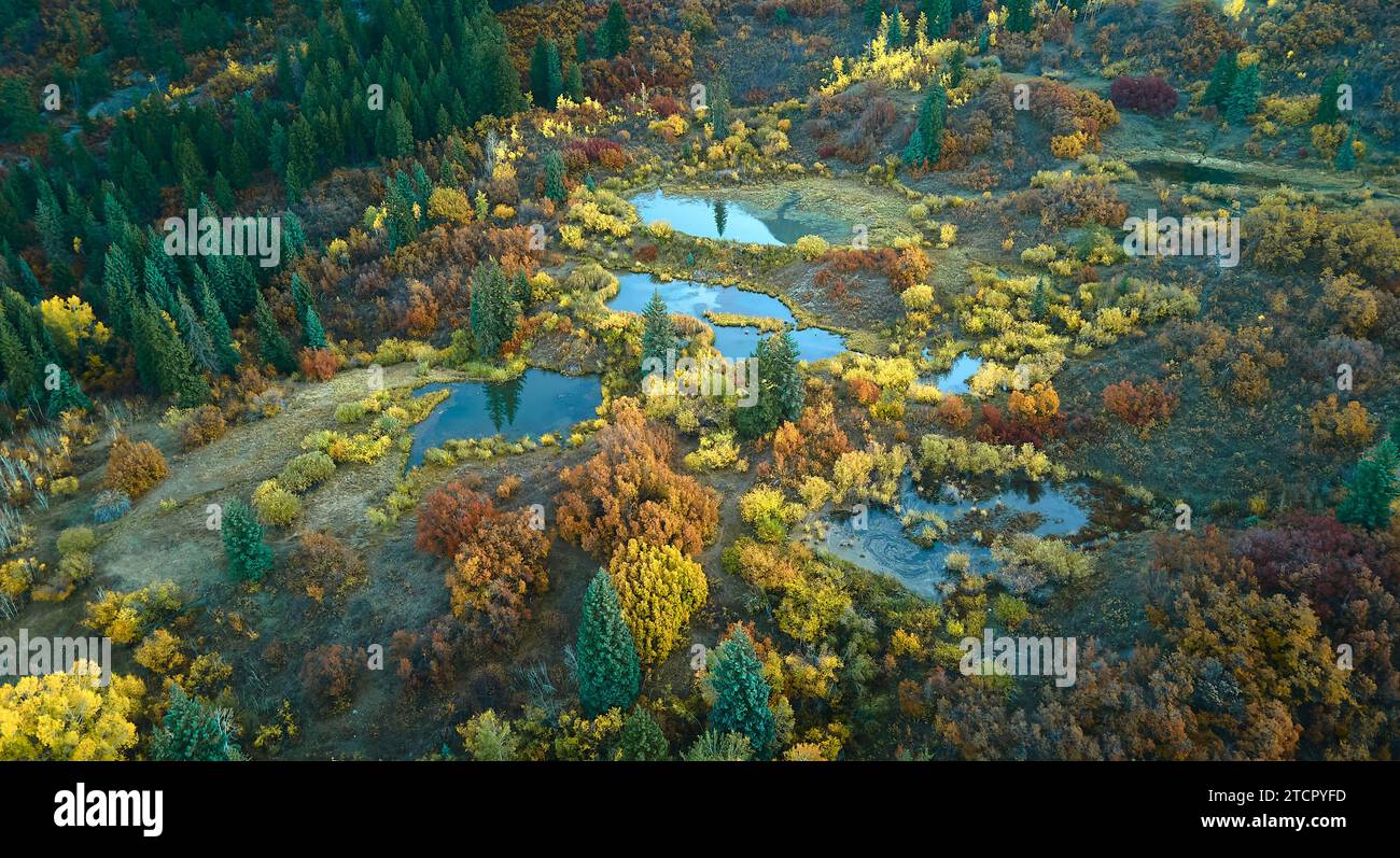 Eine malerische Aussicht auf einen sich schlängelnden Fluss, umgeben von üppigen Wäldern und lebhaftem Herbstlaub, mit einer Straße in der Nähe, die einen interessanten Kontrast bietet Stockfoto