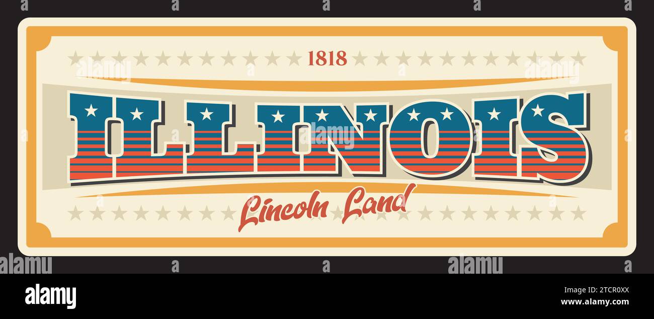 Illinois United States Retro-Reiseschild, antikes Schild mit Typografieplakette von Springfield. Vektor Lincoln Land Vintage Vektor Banner, Schilder für Touristenziel, Blechnummer Stock Vektor