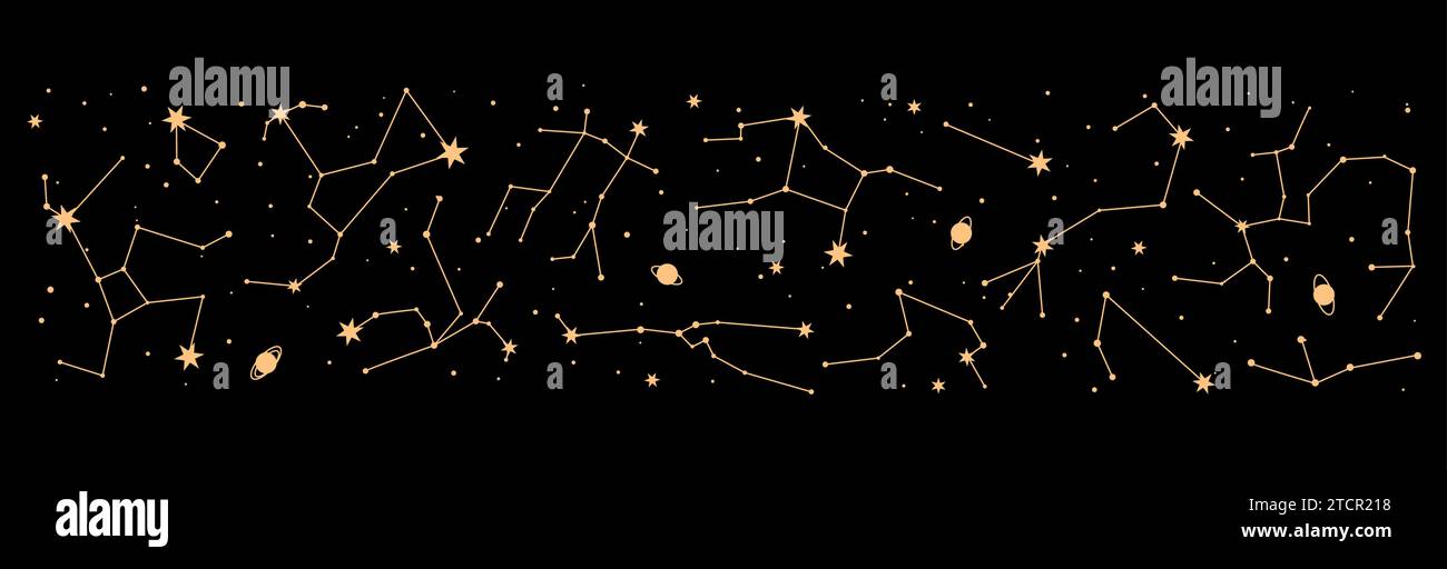 Sternenkonstellation. Nachthimmel-Karte, mystische Astrologie-Grenze. Milchstraße Galaxie Himmelspanorama Hintergrundbild, Raumsternkonstellation Grenze oder Astronomie Planetarium Nachthimmel Karte Vektormuster Stock Vektor