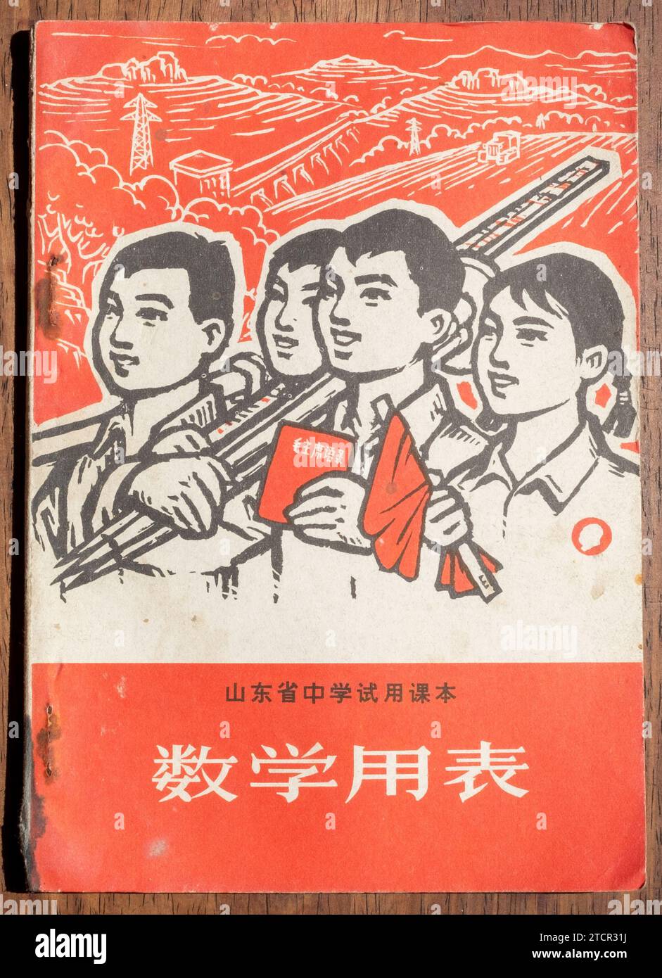 Mathematiklehrbuch für Mittelschulen in der Provinz Shandong während der Kulturrevolution (1966-1976). Das Cover zeigt die Aufwärts- und Abwärtsbewegung Stockfoto