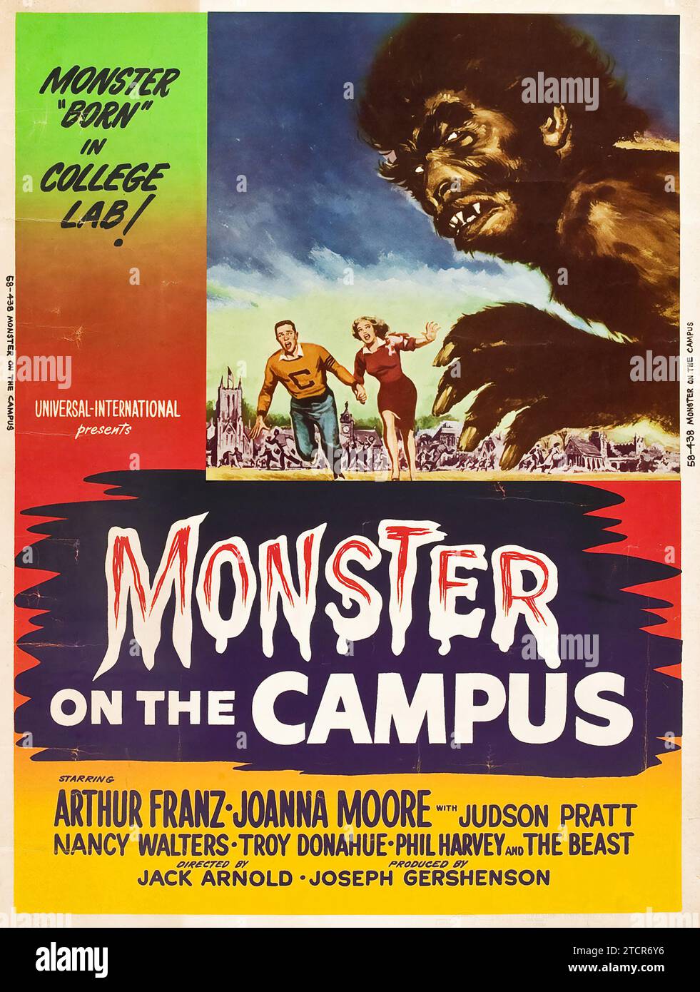 Horrorfilm aus den 1950er Jahren. Monster on the Campus (Universal International, 1958) - Vintage-Filmplakat aus den 1950er Jahren - Horror - Sci-fi - Monster Stockfoto
