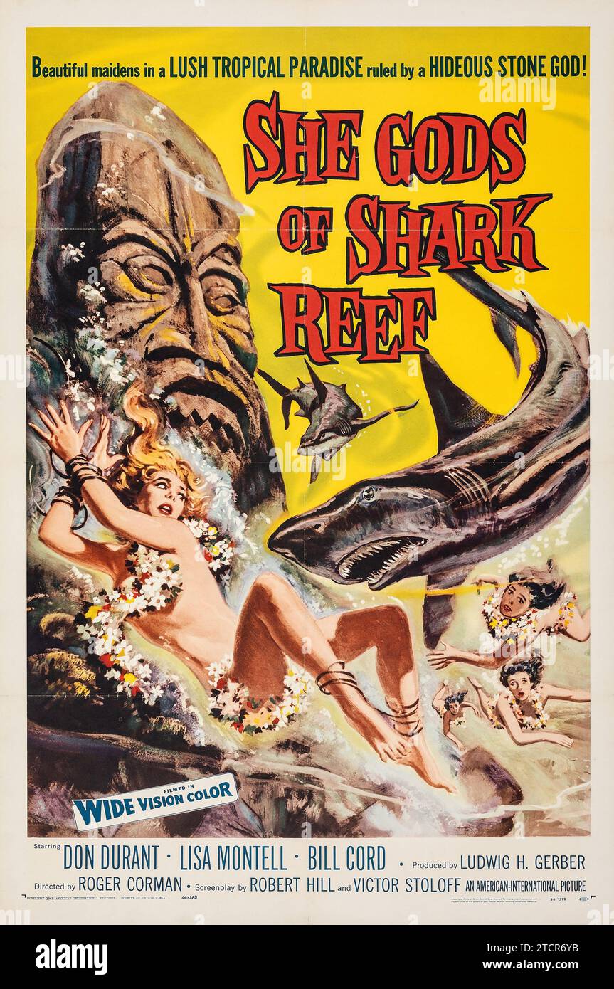 Filmplakat für The She Gods of Shark Reef (1958) Don Durant, Lisa Montell, Bill Cord - Vintage-Filmplakat aus den 1950er Jahren - Horror - Sci-fi - Monster Stockfoto