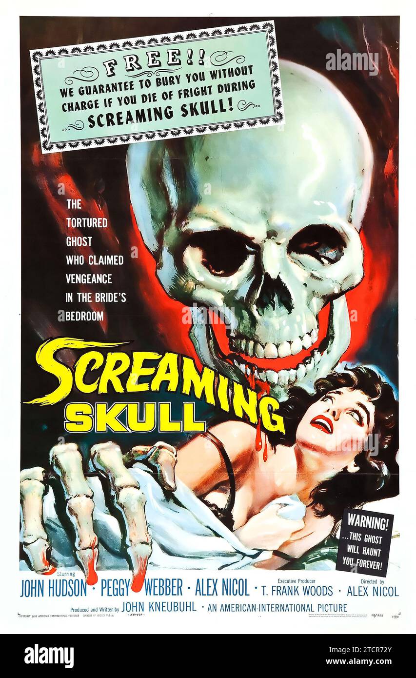 Vintage-Filmplakat für den Film The Screaming Skull aus dem Jahr 1958 - John Hudson, Peggy Webber, Alex Nicol - Horrorfilm Stockfoto