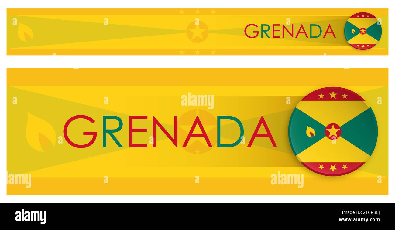 Horizontales Webbanner mit Grenada-Flagge im modernen Neomorphismusstil. Webseite Grenada Island Header-Taste für mobile Anwendung oder Internet-Site. Vektor Stock Vektor