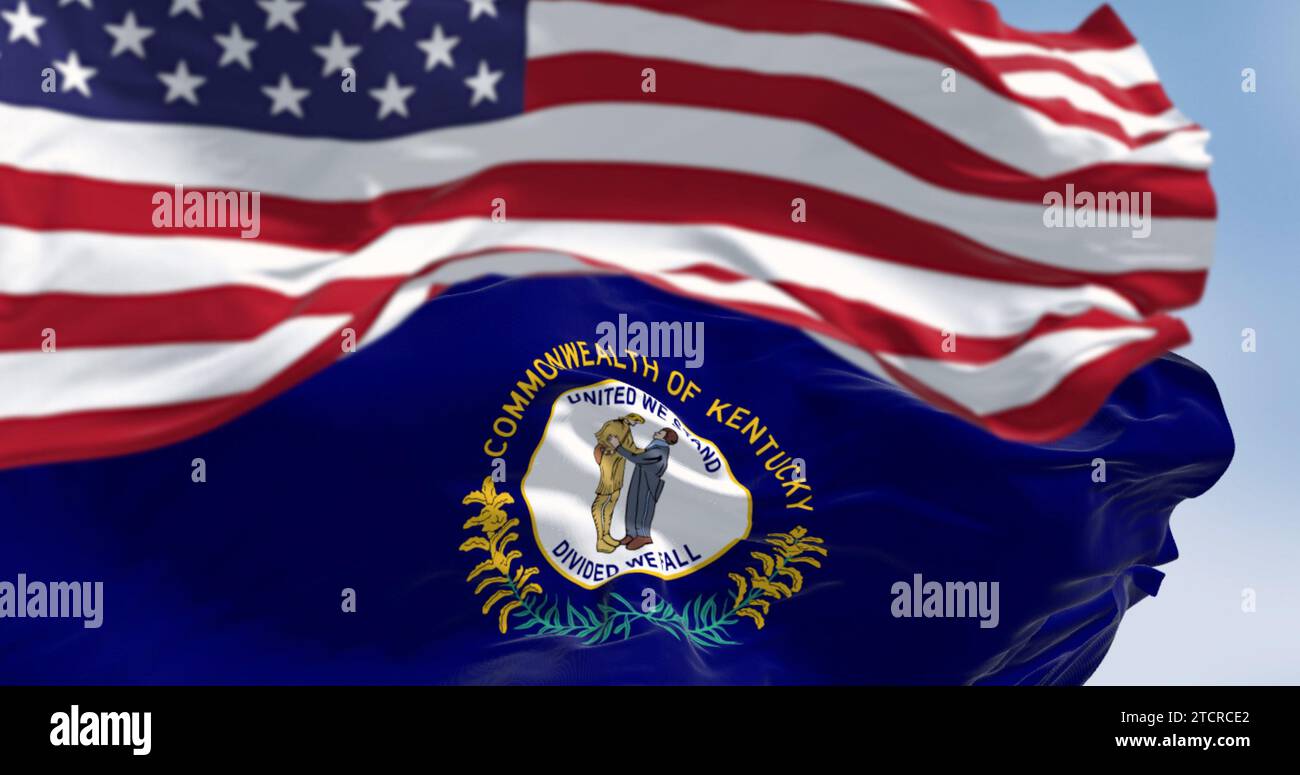 Die Bundesflagge Kentucky und die amerikanische Flagge winken an klaren Tagen im Wind. Südöstlicher Bundesstaat der Vereinigten Staaten. Demokratie und Identität. 3D illus Stockfoto