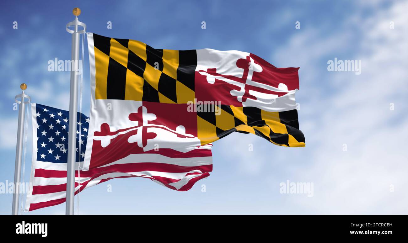 Flaggen von Maryland und den Vereinigten Staaten winken an klaren Tagen im Wind. Patriotisches und symbolisches Image. 3D-Darstellung. Gewelltes Material Stockfoto