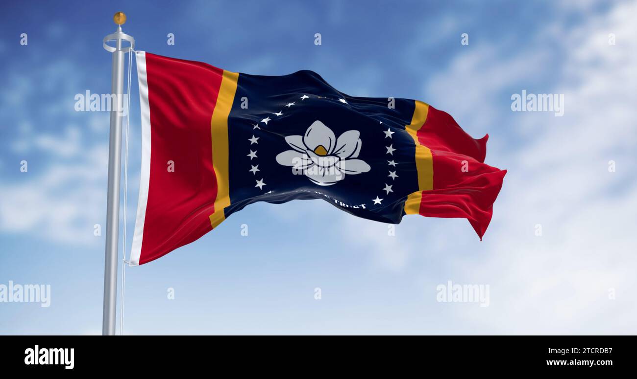Mississippi-Staatsflagge winkt an einem klaren Tag. magnolienblüte, 21 Sterne und die Worte in Gott, dem wir vertrauen. 3D-Darstellung. Gewelltes Material Stockfoto